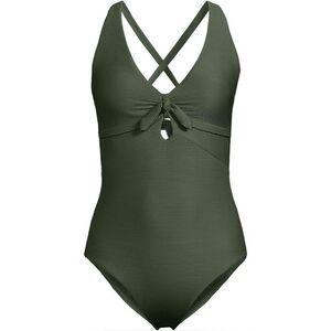Land's End V-neck knotted tie back high 1 piece swimsuit olive green ottoman Var